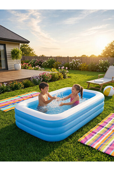 FUGO Piscina gonflabila rectangulara pentru familie 1.5 m, PVC rezistent, 3 i...