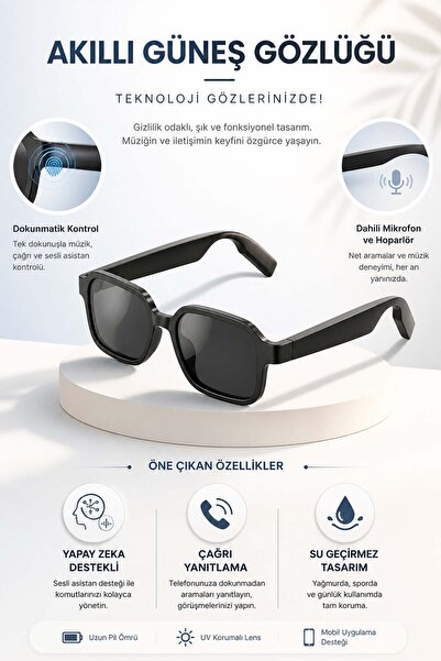 FaroxTech Akıllı Güneş Gözlüğü Yapay Zeka Sesli Asistan UV400 Koruma Su Geçir...