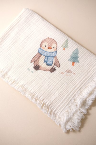 BABYLİM Penguin Printed 100% Cotton 4 Layer Muslin Baby Blanket 90X110 cm