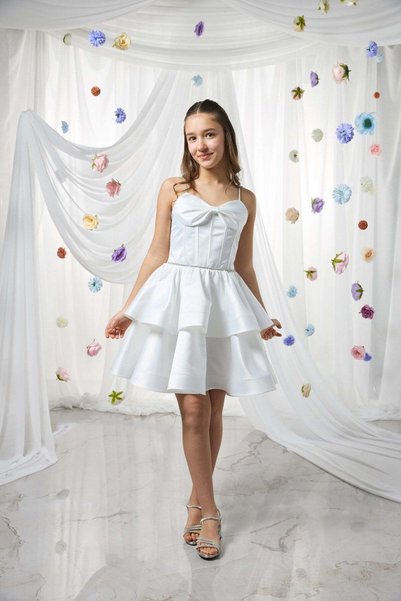Kanilla Mojo Girl's 10-15 Years Old Bow Detailed Short Satin Evening Dress Ecru
