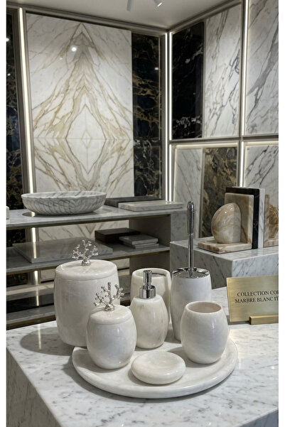 STONİST HOME DEKORASYON gümüş kulplu oval kesim 7 li beyaz mermer banyo seti