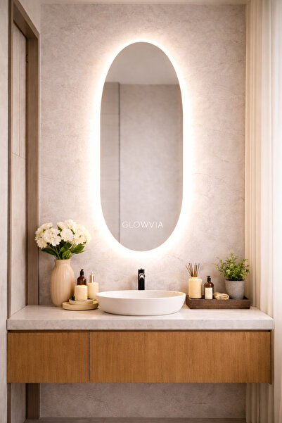 GLOWVİA Mirror Kumlamasız LED Işıklı Elips Ayna