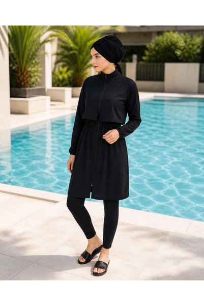 R&S modibone Fully Covered 3-Piece Hijab Swimsuit (Including Cap) Suitable for Sea, Pool and Beach. Black Color