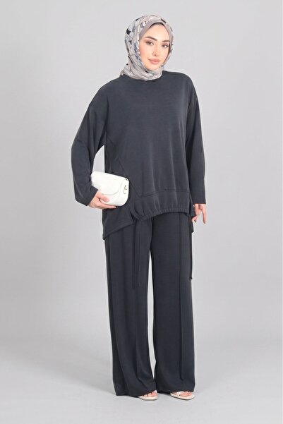 Norshen Black Women's Tunic with Rope Lace Detail & Wide Leg Pants - Set