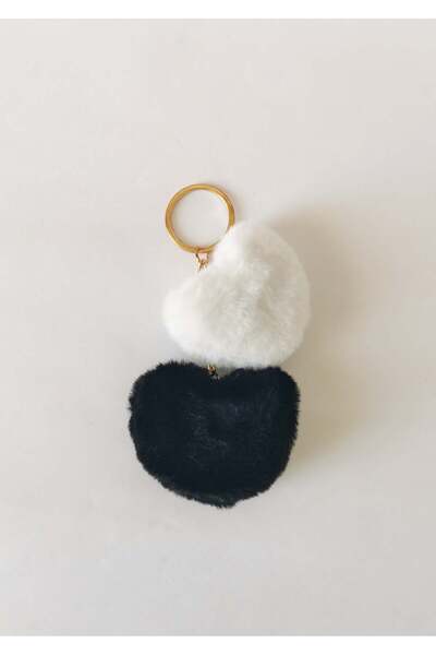 Halley Concept Double Plush Heart Charm Keychain White Black – Bag Ornament C...