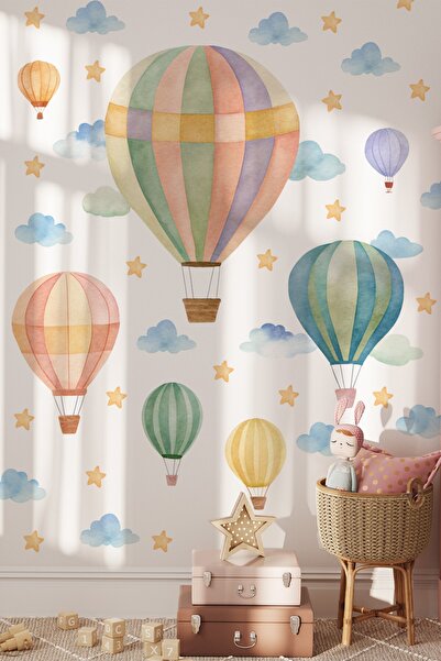 MSticker Pastel Balon Duvar Sticker Seti L XL Boy Çocuk Bebek Odası Bulut Yıldız Duvar Dekoru