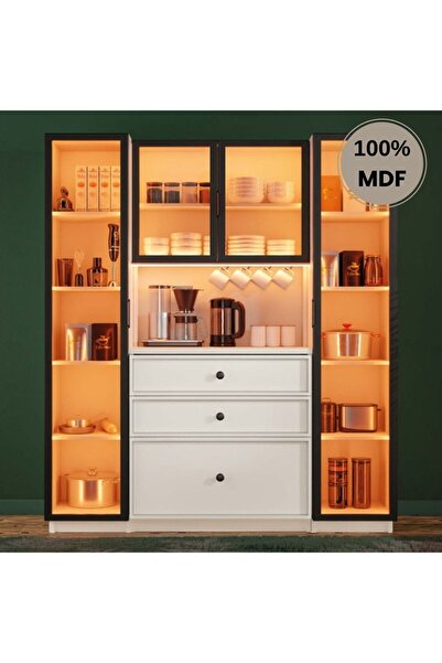 comiet Zambak Mdf Kahve Köşesi Dolabı 4 kapak Çekmeceli Işıklı
