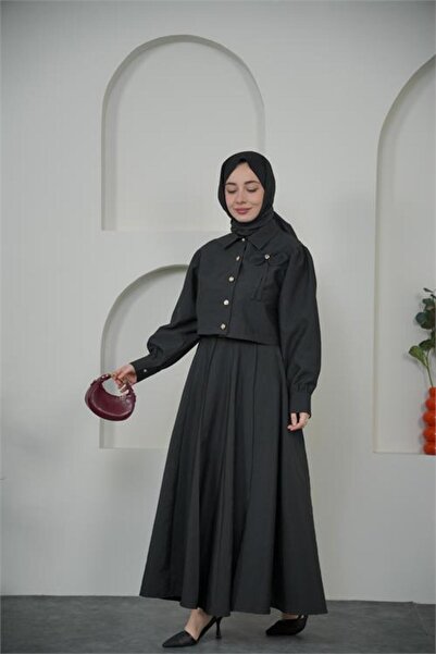 Neşeli Butik Women's Black Bow Accessory Button Detailed Skirted Hijab Set --...