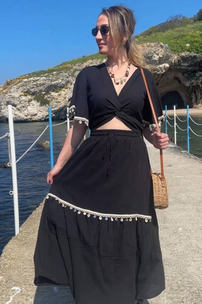 BRGCLOTHING Linen Skirt and Blouse Set with Shell Accessories