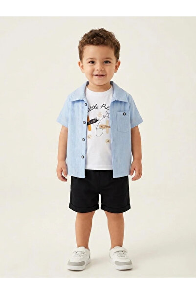 kidstalya Blue Shirt - Shorts 3-Piece Baby Boy Set
