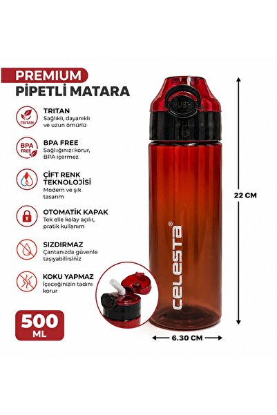 Tritan Otomatik Pipetli Kapaklı Su Matarası - 500 ML