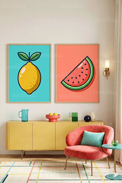 Tontilika Canlı Meyve Temalı Pop Art 2'li Ahşap Çerçeveli Tablo Seti