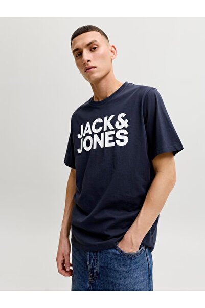 Jack & Jones Απλό Ανδρικό Μπλουζάκι, 100% Βαμβάκι, με Στάμπα Λογότυπου, Σκούρ...