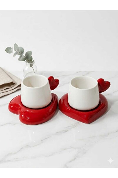 seda seramik Handmade Heart Design Red Coffee Cup Set - 110 ml