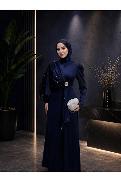 Brnmodest Zahide Taşlı Broşlu Beg Saten Kumaş Tesettür Abiye