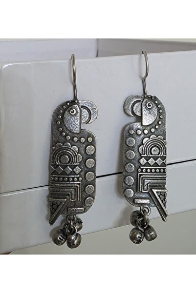 NirVee Ethnic Oxidized Silver Parrot Ghungroo Drop Earrings