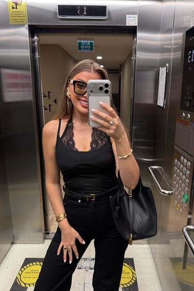 codudem ZR model dantel detaylı ip askılı atlet siyah bodysuit
