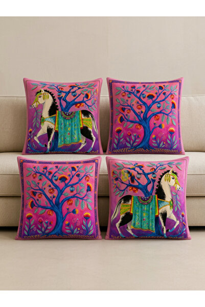 HOMESSA Ethnic Horse Tree of Life Patterned 4-Piece Throw Pillow Set