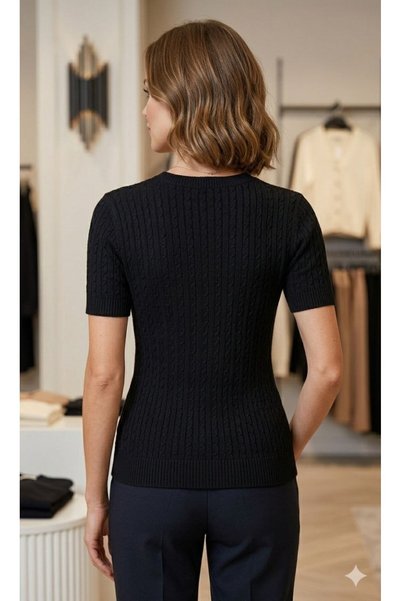 ALCHON Round Neck Short Sleeve Hair Braided Corduroy Accordion Summer Spring Knitwear Blouse