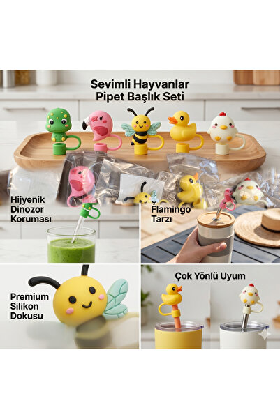 2 Adet Sevimli Hayvan Figürlü Silikon Pipet Başlığı Seti – Hijyenik Toz Önleyici Pipet Koruyucu - Quencher Uyumlu