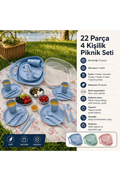 biedda 22 Parça 4 Kişilik Piknik Seti Taşıma Çantalı Tabak Bardak Çatal Kaşık...