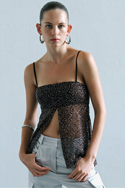 ILA THE BRAND Asita-Sequin Top with Front Slit and Cowl Back in Brown