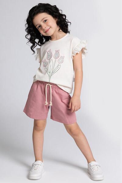 baby flamindo Summer Tulip Flower & Stone Printed Shorts for Girls Set