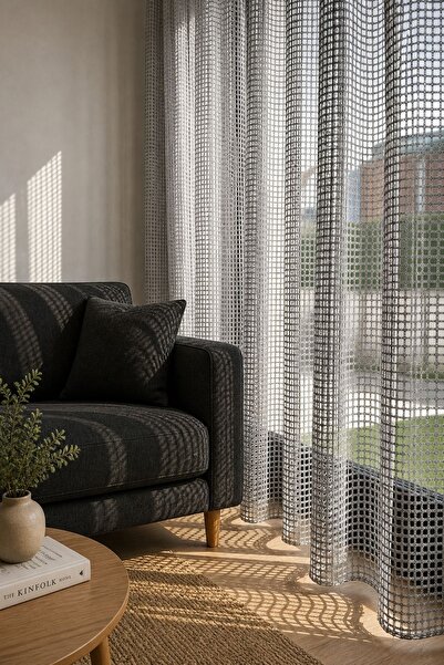 zenvora home File Tül Perde Gri – Modern File Dokuma, Işık Geçiren, Şık ve Do...