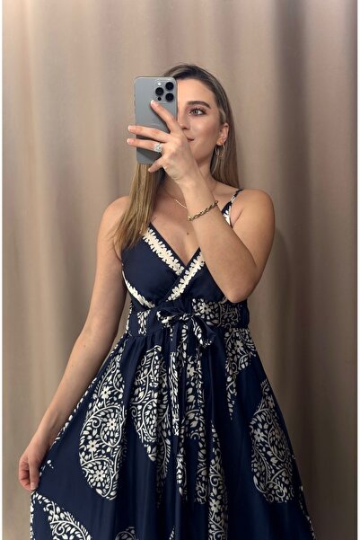 AlisBoutique Gipe Detaylı Etnik Desenli Askılı Elbise premium