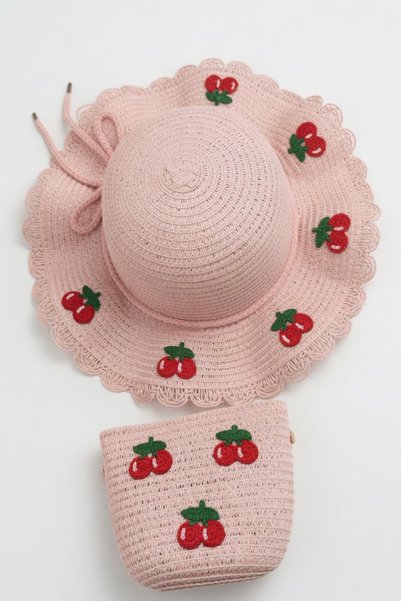 Mollycrush Gift Set for Girls with Cherry Figure, Powder Pink Straw Hat and Bag |   Suit for Summer Beach