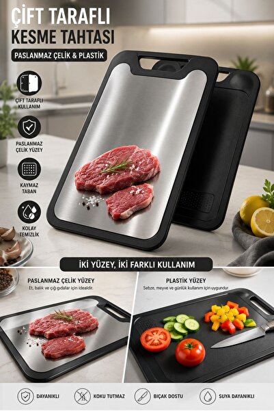 Kitchen Beauty Çift Taraflı Paslanmaz Çelik Ve Plastik Kesme Tahtası Kaymaz D...