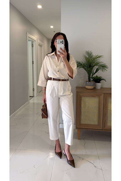 BİRCANÇİL Allandra Cream Belted Carrot Trousers