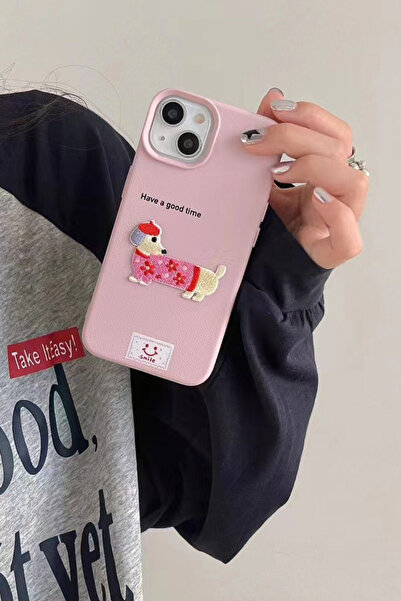 QUSCHU iPhone 13-14 Uyumlu Nakış Köpek Figürlü Yumuşak Silikon Telefon Kılıfı