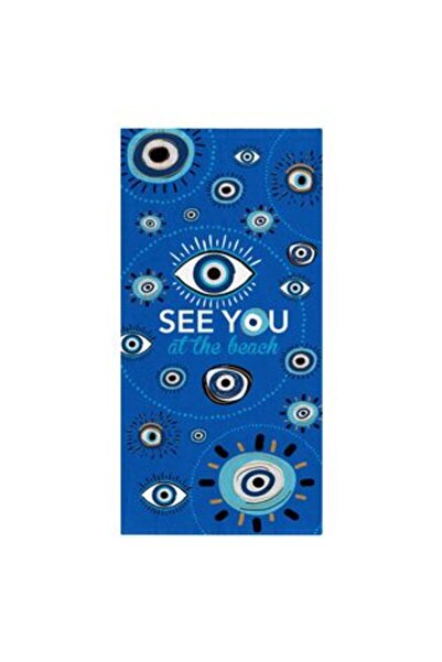 OEM Μπλε βαμβακερή πετσέτα με σχέδιο  "See you at the beach " 150 x 75 εκ.