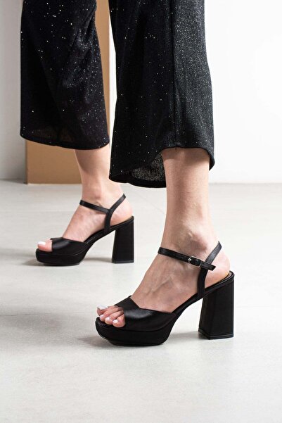 FSKOMBİN Novella Black Satin Women's Platform Heeled Shoes