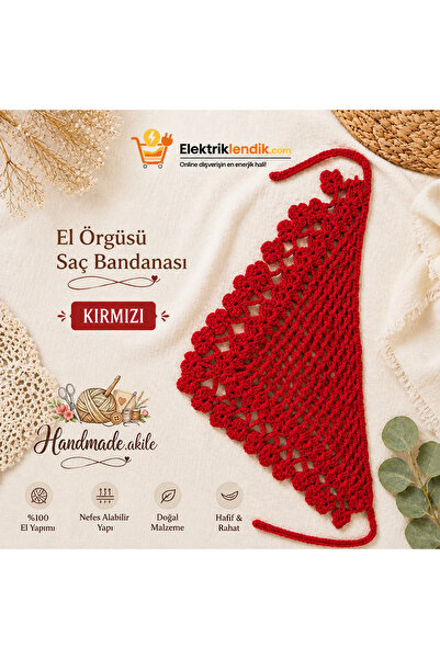 HANDMADEAKİLE El Örgüsü Tığ İşi Saç Bandanası – Bohem Yazlık Bandana – Kırmızı