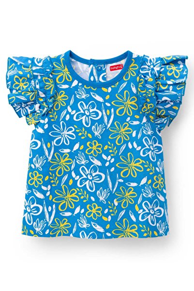 Babyhug Cotton Knit Frill Sleeves Top with Floral Print - Blue