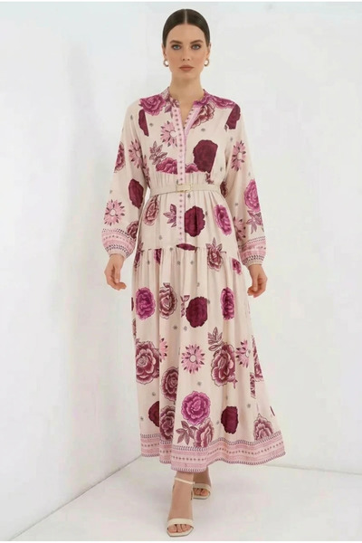 buğrahayalin Women's V-Neck Belted Floral Patterned Viscose D. Fuchsia Hijab ...