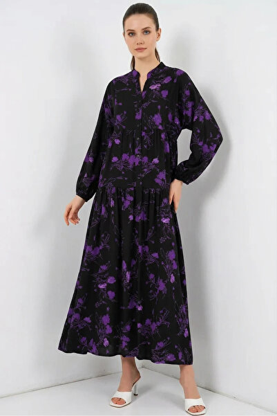 buğrahayalin Women's V-Neck Gathered Waist Floral Patterned Viscose Black Hij...