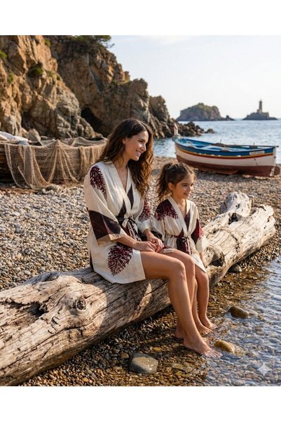 Montisu Girl's Belted Cotton Linen Kimono Summer Beach Wear Mother-Daughter Matching Outfit