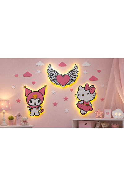 Diyar Tasarım Hello Kitty & Kuromi LED Ahşap Çocuk Odası Duvar Dekoru Seti 3’...