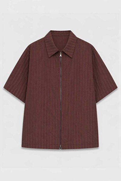 VAMOSCLO Lyocell blend striped zippered linen shirt - burgundy
