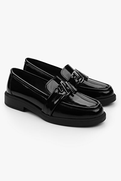 Shoeberry Women's Sorell Black Patent Leather Loafer with Buckle Detail