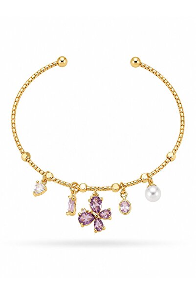 serelya Brass Gold Color Purple Butterfly Detailed Charm Women's Bracelet