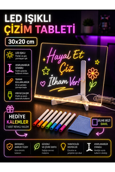 shopExxtra LED Işıklı Çizim Tableti 30x20 cm – Ayarlanabilir Standlı Akrilik Yazı ve Not Panosu, USB Güçlü, Çocuk ve Yetişkin İçin