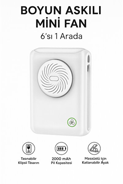 ozbience 2000mAh Şarjlı 6’sı 1 Arada Mini Fan – Boyun Askılı ve Klipsli