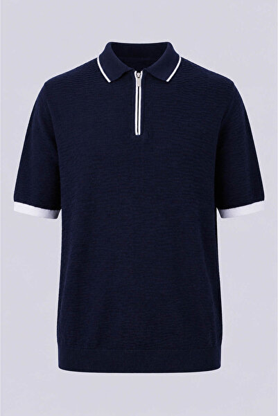 trender Half Zipper White-Navy Blue Men's Polo Collar T-Shirt 17354