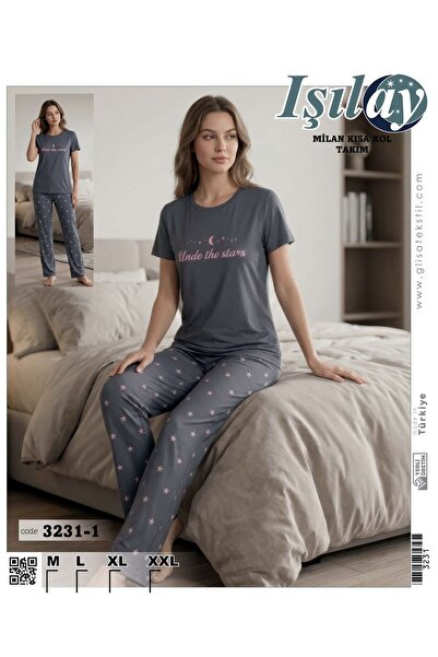 Işılay Milan kumaş bisiklet yaka kısa kollu yazlık pijama takımı