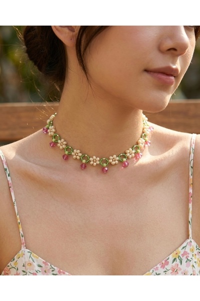 MyBalliStore Papatya Tasarımlı Boncuk Kolye - Pembe & Yeşil Kristal Detaylı