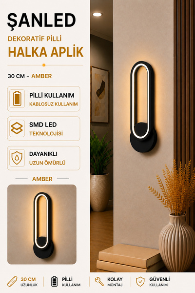 ŞANLED Dekoratif 20W Halka Modeli İç Mekan Gold Kasa Amber Işık 30 cm Duvar A...